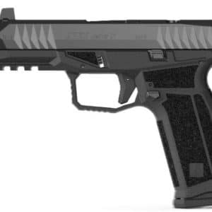 Side view of a black tactical semi-automatic pistol with a textured grip and accessory rail.