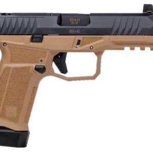 Tan and black semi-automatic pistol with a textured tan grip, rails, and a muzzle device