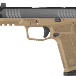 Tan polymer-framed semi-automatic pistol with a black slide and underside accessory rail, shown in profile.