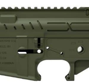 Olive green AR-style rifle lower receiver with trigger and grip, shown from the left side.