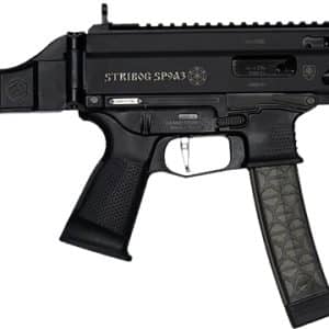Black Stribog SP9A3 semi-automatic rifle with adjustable stock and curved detachable magazine.