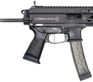 Black semi-automatic rifle with a folding stock, pistol grip, and a curved, patterned magazine visible on the right side