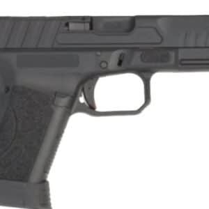 Side view of a black semi-automatic pistol with a textured grip and front sights.