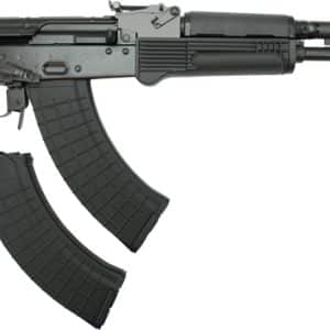 AK-style assault rifle with two curved magazines below it; rifle is black with a folding front sight and muzzle device.