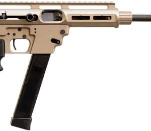 Tan and black semi-automatic rifle with a pistol grip and curved magazine on a white background.