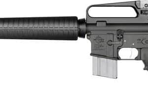 AR-15 style rifle shown in profile with carrying handle, front sight, and a detachable magazine inserted in the lower receiver area