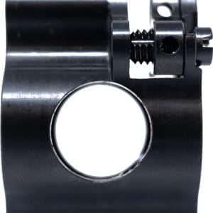 Black metal clamp-style firearm mount featuring a circular bore and an adjustable screw mechanism for attaching accessories.