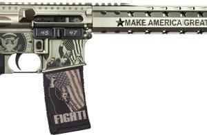 AR-15 style rifle with a tan/bronze finish, 'Make America Great Again' text on the handguard, and a camouflage magazine with 'FIGHT!'