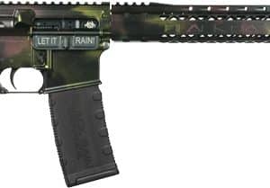 AR-style rifle with adjustable stock, pistol grip, quad-rail handguard, and a magazine inserted, shown in a camouflaged finish