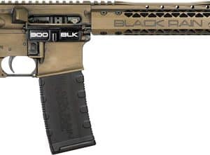 Tan-and-black semi-automatic rifle with adjustable stock, quad/Picatinny rails, and a 30-round magazine.