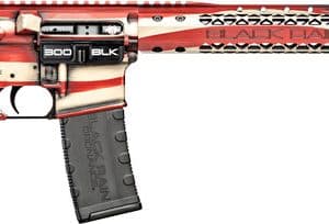 AR-15 style rifle with an American flag motif on the handguard and barrel, collapsible stock, and pistol grip.