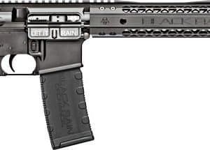 AR-15 style semi-automatic rifle with a detachable magazine, collapsible stock, and quad-rail fore-end in black finish