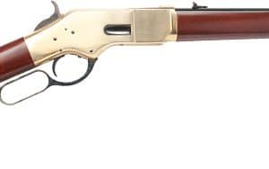 Lever-action rifle with wooden stock and brass receiver, shown in side profile on white.
