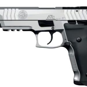 Side view of a silver semi-automatic pistol with a black grip, shown from the left.