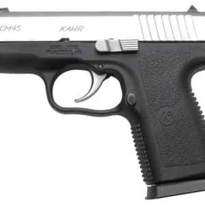 Side view of a black semi-automatic pistol with a silver slide and textured grip.
