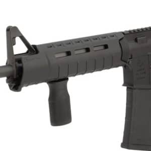 Black rifle shown in profile with a collapsible stock, quad-rail handguard, pistol grip, and a detachable magazine