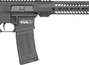 Black semi-automatic rifle with collapsible stock, pistol grip, and long perforated handguard with a 30-round magazine