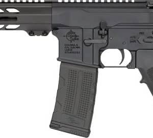 Black semi-automatic rifle with a long barrel, quad rail handguard, curved magazine, and adjustable stock