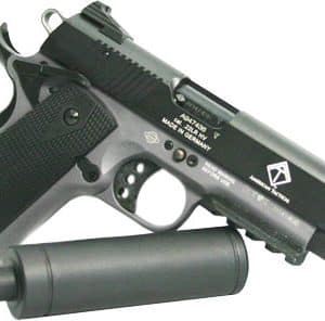 Semi-automatic handgun with a suppressor attached, shown in a side view.