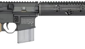 Assault rifle with tan stock and pistol grip, black receiver and handguard, gray magazine, and muzzle device