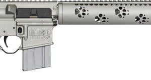 AR-style rifle with collapsible stock, black grip, silver receiver, and perforated Picatinny handguard with attached magazine and muzzle device