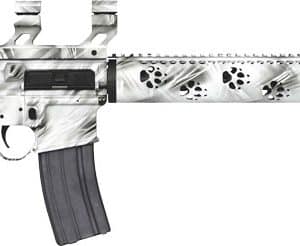 AR-15 style rifle with white and gray camouflage, magazine inserted, side view showing stock and barrel.