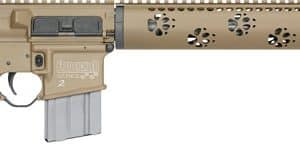 Tan and black AR-style semi-automatic rifle with collapsible stock and magazine inserted