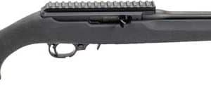Side view of a black bolt-action rifle with a synthetic stock and a top mounting rail on the receiver.