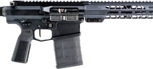 Black semi-automatic rifle (AR-style) with a long quad-rail handguard, collapsible stock, and a magasine loaded in the magazine well.