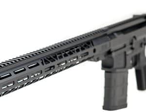 Black modern-style rifle with a long Picatinny-railed handguard, foregrip, and adjustable stock, pointing to the left.