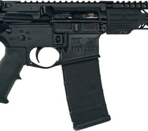 Black AR-style rifle with a collapsible stock, pistol grip, Picatinny handguard, and a detachable box magazine in a right-side profile.