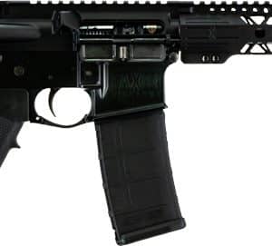 Black AR-style semi-automatic rifle with adjustable stock, pistol grip, and curved magazine.