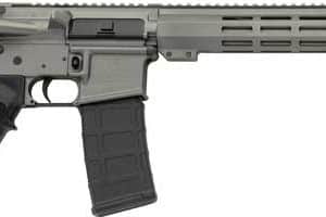Semi-automatic rifle with collapsible stock, pistol grip, 30-round magazine, and a long quad-rail handguard.