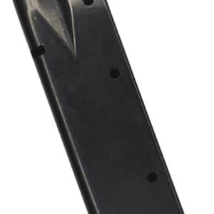 Black pistol magazine with an orange follower at the top, angled diagonally, used to feed ammunition into a semi-automatic firearm.