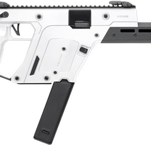 White and black bullpup rifle with a long black barrel and detachable magazine