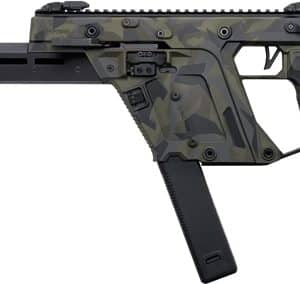Camouflage-pattern bullpup-style assault rifle with a long barrel, folding stock, and curved magazine.