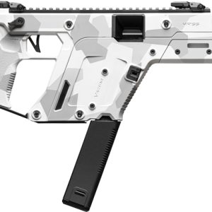 Futuristic white camo pistol with top rail and a downward-facing magazine, side-mounted enhancements visible on the body.