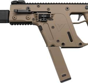 Profile view of a tan tactical rifle with a suppressor, magazine inserted, and folding stock seen from the left.