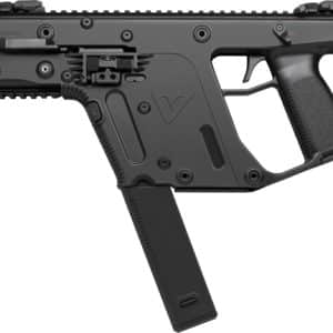 Black compact submachine gun with a downward magazine, top rails, and ergonomic grip.