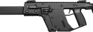 Black bullpup rifle with a long barrel and adjustable stock, shown in profile.