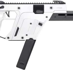 Futuristic white and black assault rifle with an adjustable stock and long barrel, shown in side view.