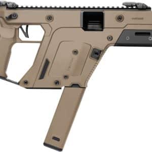 Tan Kriss Vector pistol with vertical grip and magazine, shown in side view (informational image)