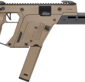 Tan desert-color bullpup-style semi-automatic rifle with adjustable stock, top rail, and long black barrel