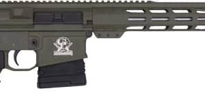 AR-style rifle with collapsible stock, long rail handguard, muzzle device, and skull emblem on the receiver.