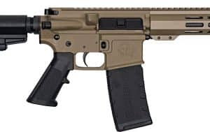 AR-style rifle with tan receiver, adjustable stock, and black pistol grip viewed from the left