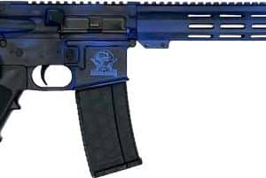 Blue-and-black semi-automatic rifle with a long rail handguard and a collapsible stock.