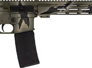 Camouflage AR-style rifle with collapsible stock, pistol grip, and a long quad-rail handguard.