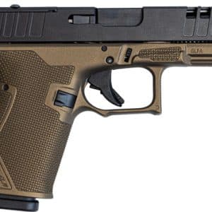 Tan and black semi-automatic pistol shown in profile (side view).