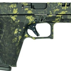 Camouflage-pattern semi-automatic handgun shown in a right-side profile view—compact pistol design.