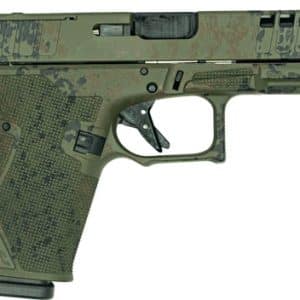 Camouflage-painted semi-automatic pistol shown from the side.